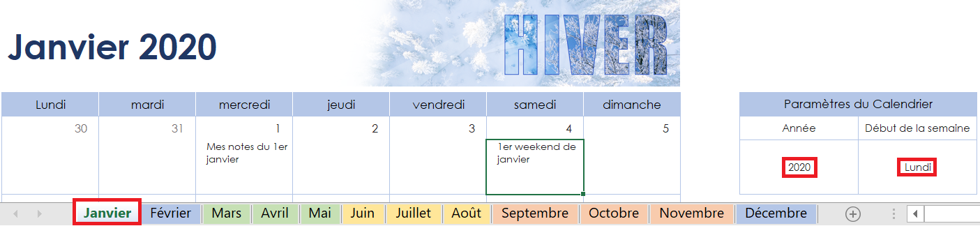 Paramètres du calendrier