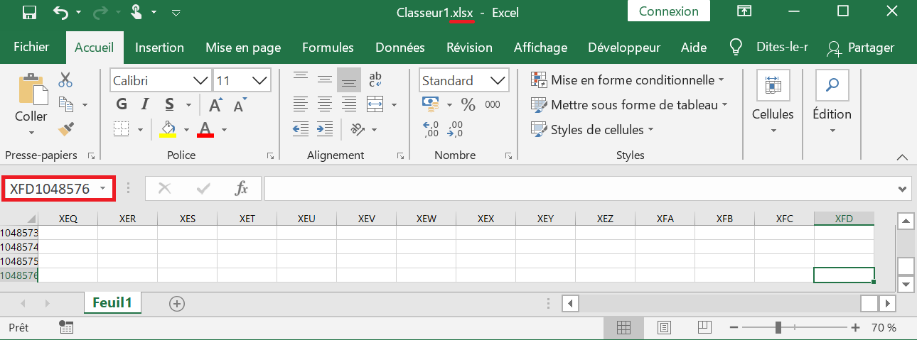 image Excel de la dernière cellule possible XFD1048576 dans un classeur .xlsx