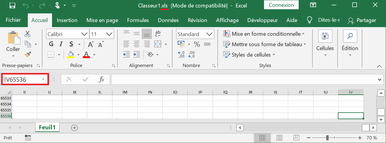 image Excel de la dernière cellule possible IV65536 dans un classeur .xls