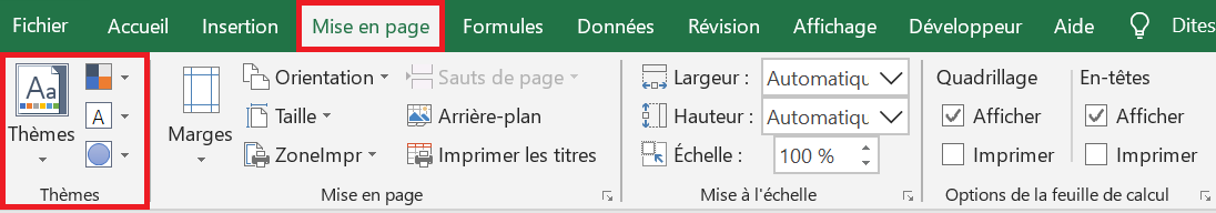 image Excel de l'emplacement des thèmes dans le ruban