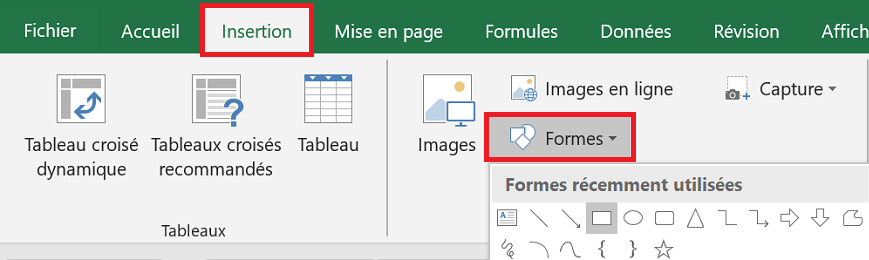 image Excel de l'emplacement des formes dans le ruban