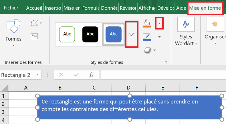 image Excel d'une forme et des nouvelles options disponibles dans le ruban