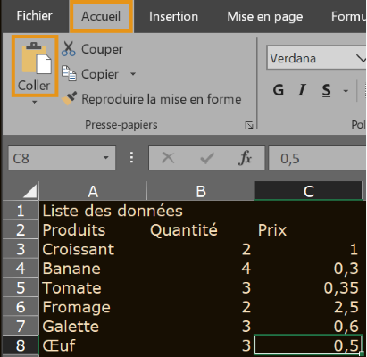 image Excel du résultat obtenu après avoir collé les données copiées préalablement