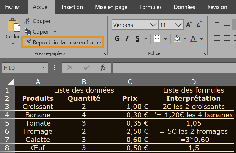 image Excel des formules mises en forme