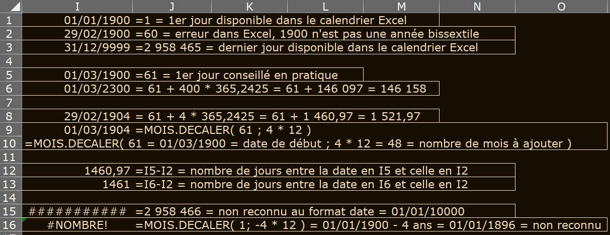 image Excel montrant des exemples d'utilisation du format date