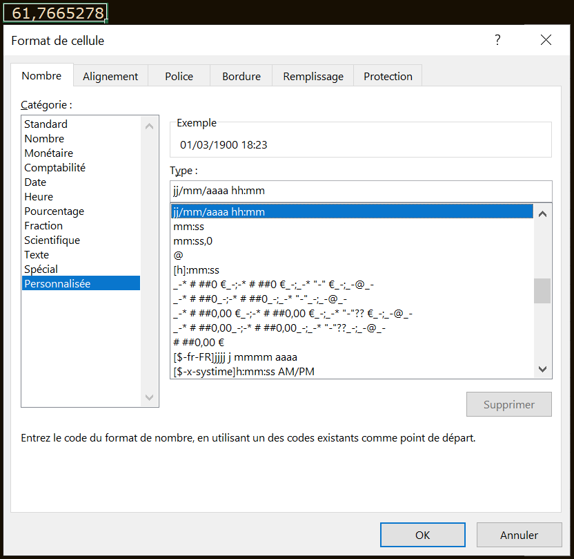 image Excel de l'interface de création d'un format personnalisé