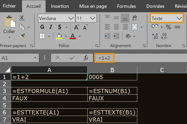 image Excel d'une formule dans une cellule au format texte
