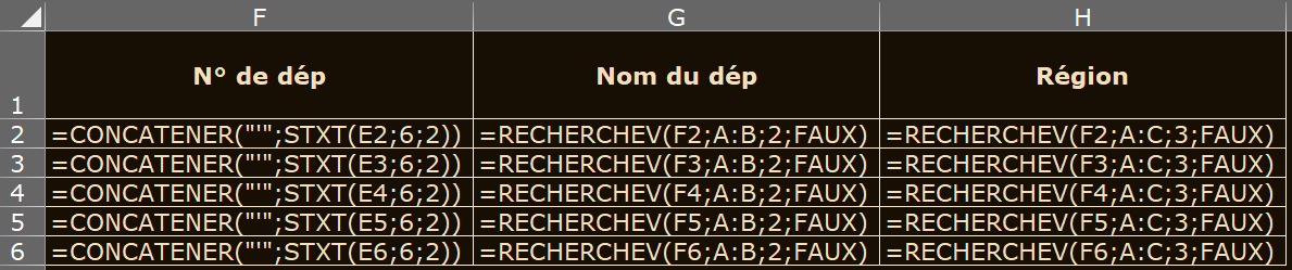 image Excel des formules du support RECHERCHEV à analyser