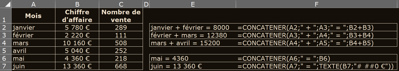 image Excel des formules CONCATENER et TEXTE