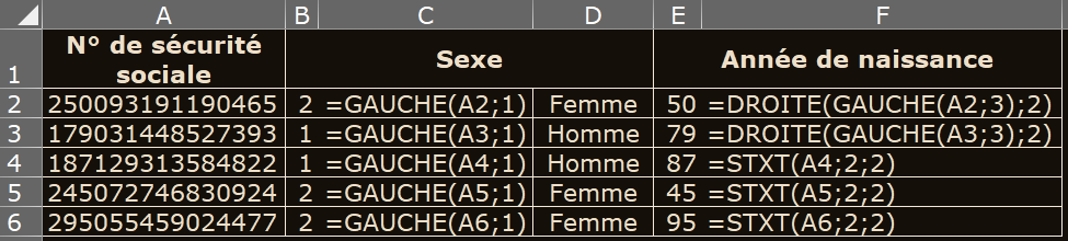 image Excel des formules DROITE, GAUCHE et STXT