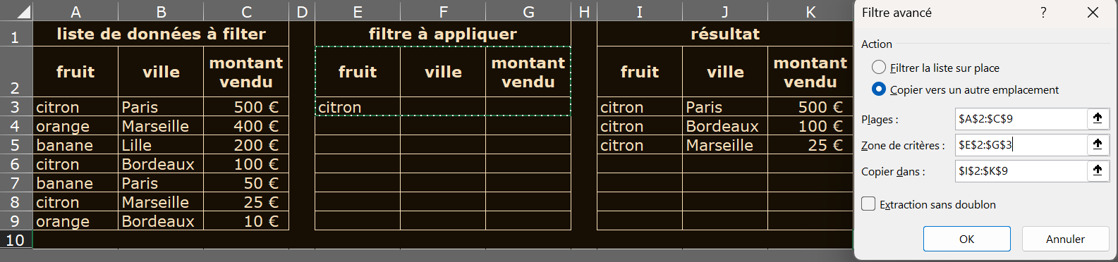 image Excel du filtre avancé 1