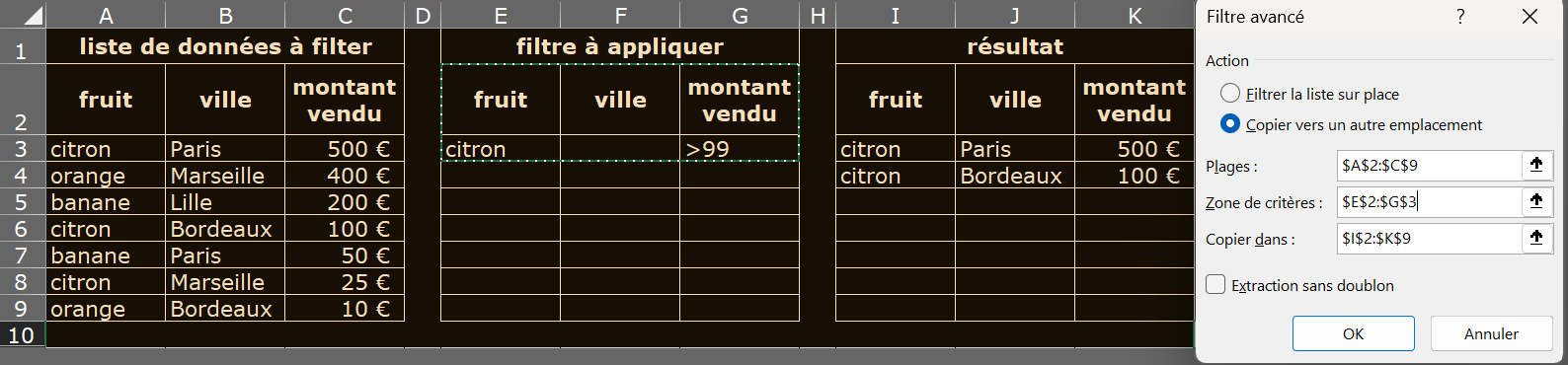 image Excel du filtre avancé 2