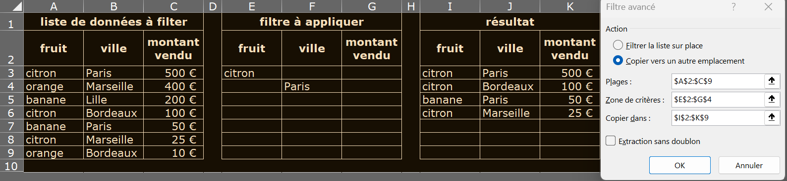 image Excel du filtre avancé avec 2 conditions via OU