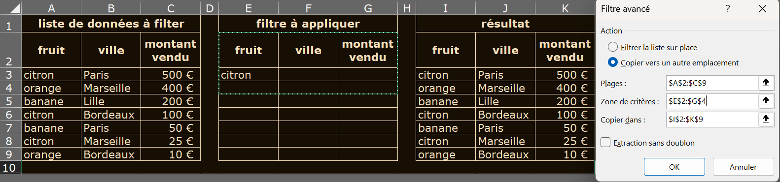 image Excel du filtre avancé avec condition vide
