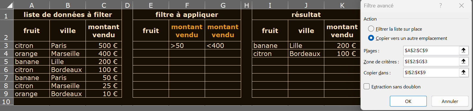 image Excel du filtre avancé avec 2 conditions via ET sur 1 même champ