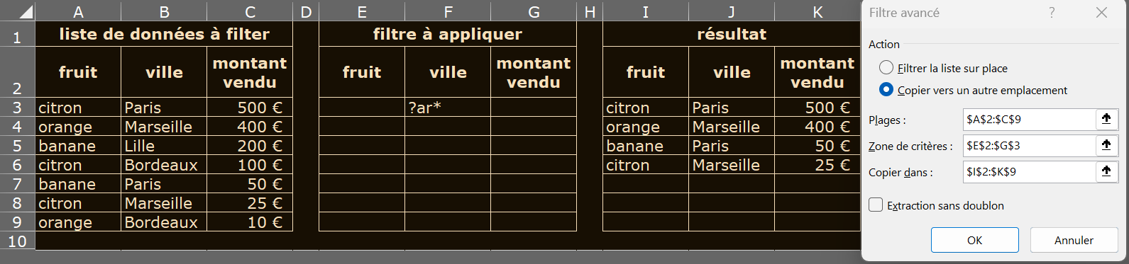 image Excel du Filtre avancé avec recherche textuelle complexe