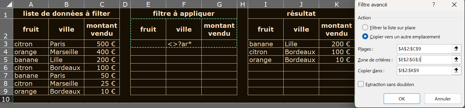 image Excel du Filtre avancé avec exclusion de texte