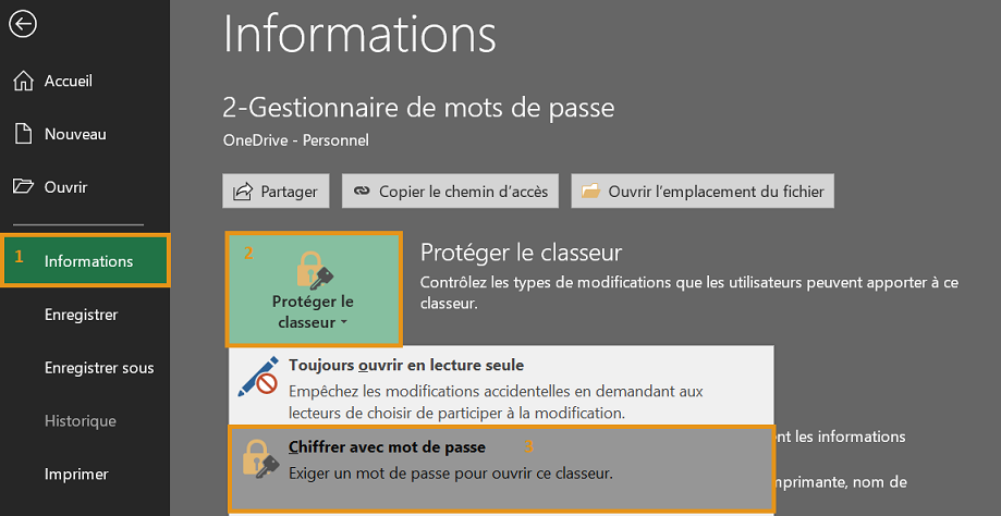 image Excel montrant comment chiffrer un fichier avec mot de passe