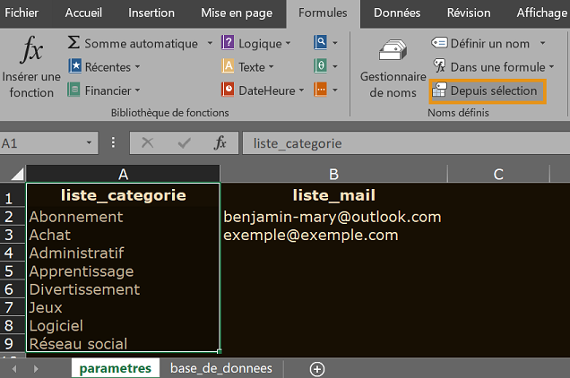 image Excel montrant comment créer une liste de données