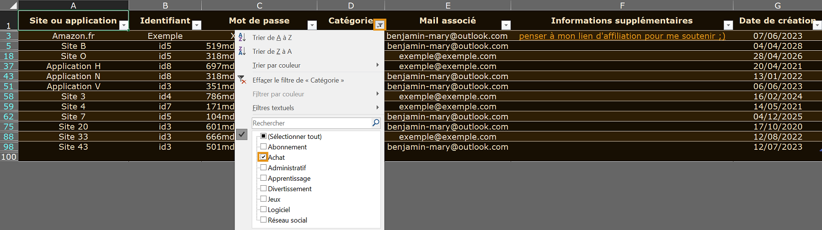 image Excel montrant comment utiliser un filtre dans une colonne