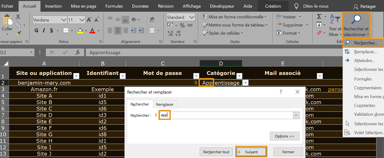 image Excel montrant une recherche via l'option rechercher et sélectionner