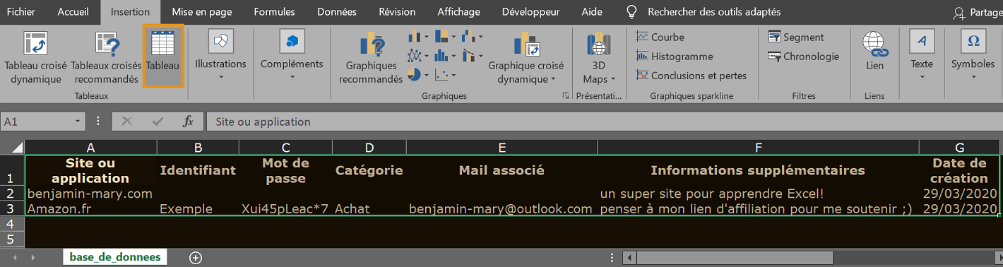 image Excel montrant comment créer un tableau de données