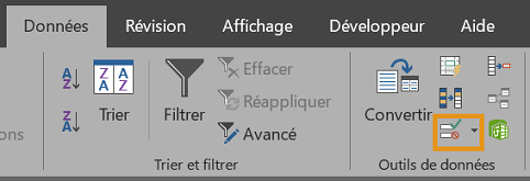 image Excel de l'emplacement de l'option validation des données