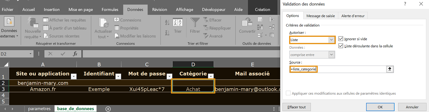 image Excel d'exemple de paramétrage de l'option de validation des données pour les listes