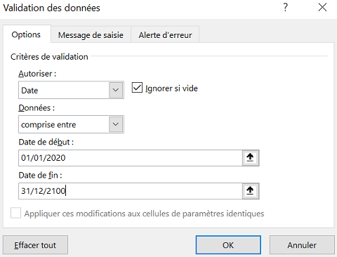 image Excel d'exemple de paramétrage de l'option de validation des données pour les dates